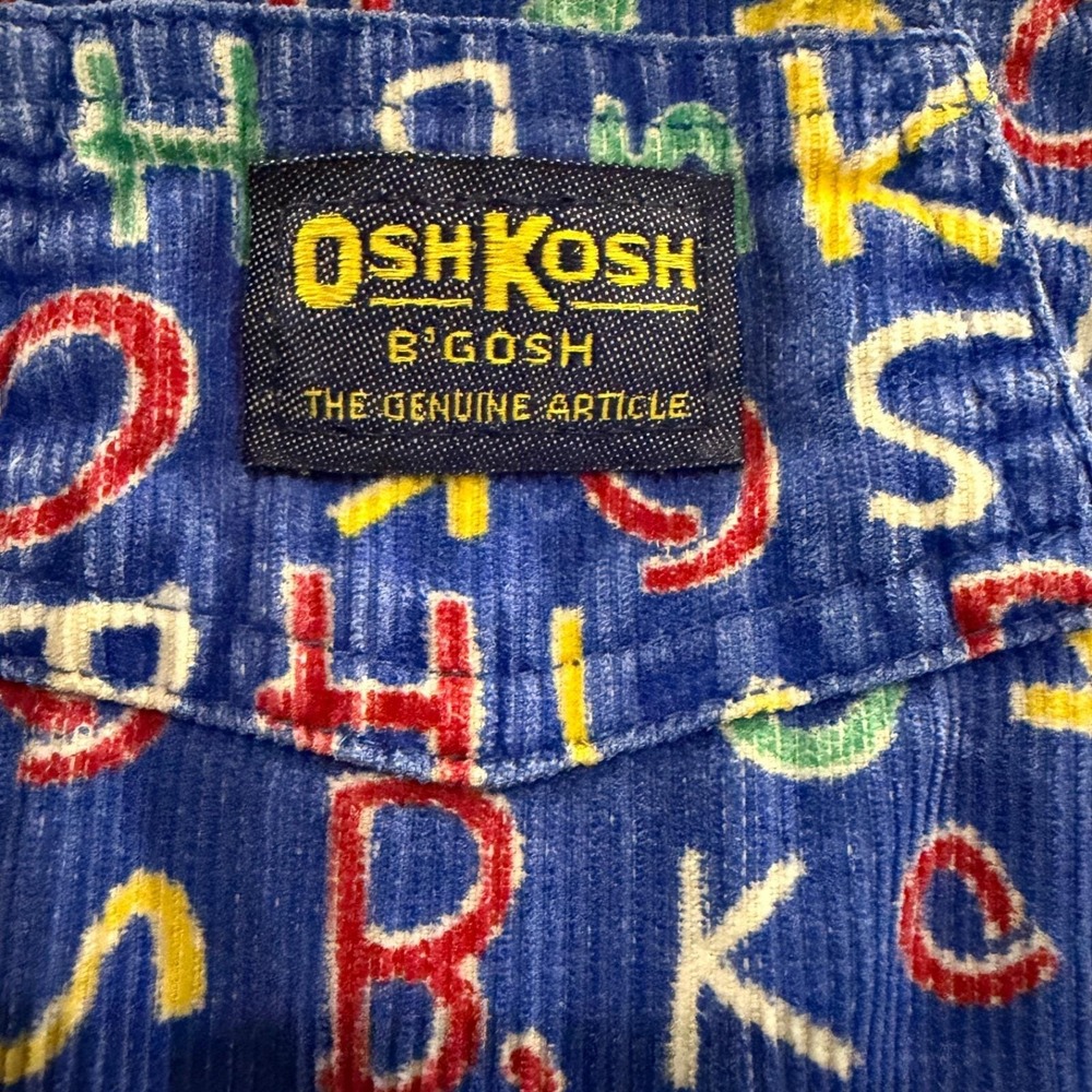 Vtg OshKosh B'gosh Blue Corduroy Alphabet Print Overalls Eyelet Lace 18 Mo USA